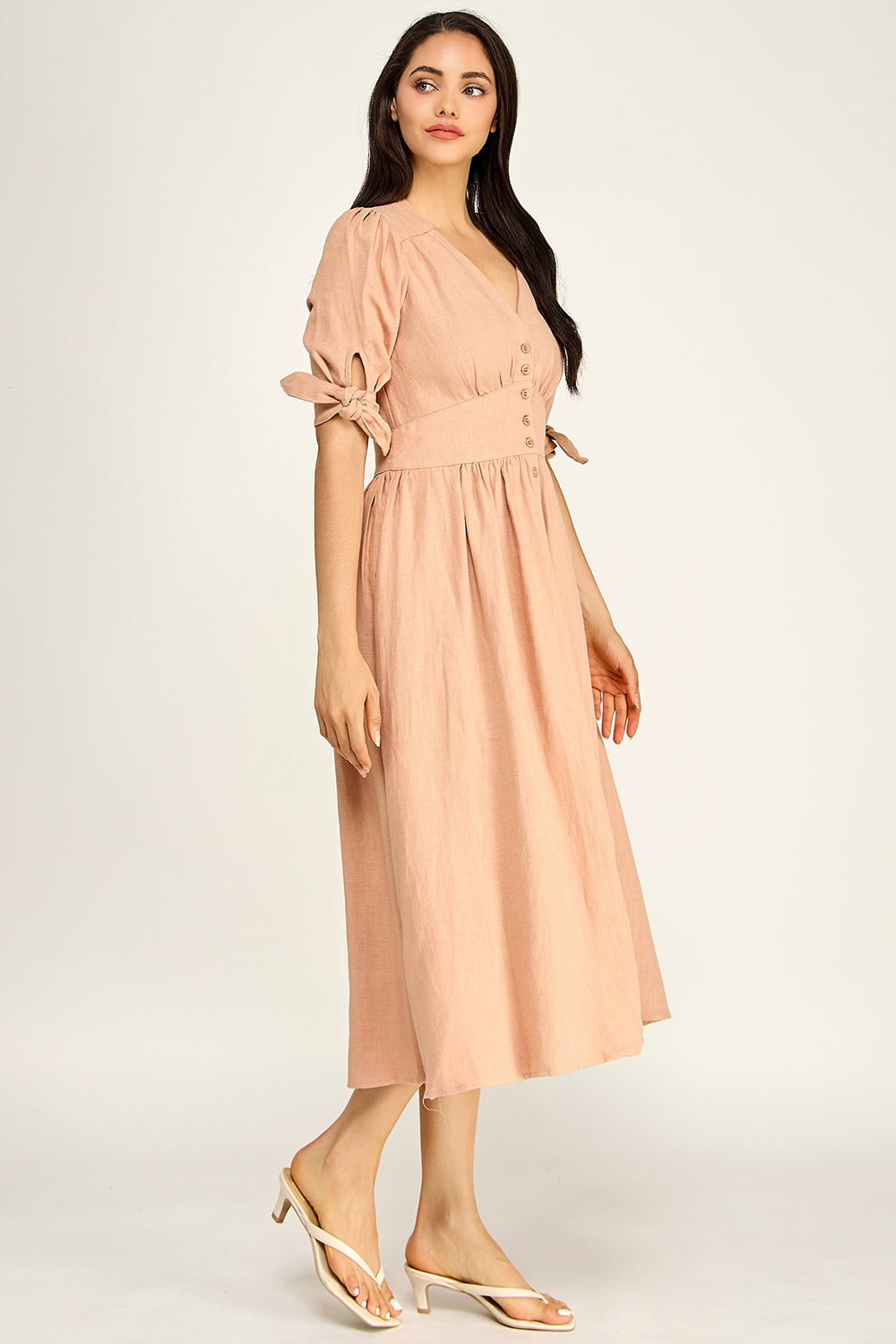 Linen Puff Sleeve Maxi Dress | Button Front V-Neck Tie Cuff