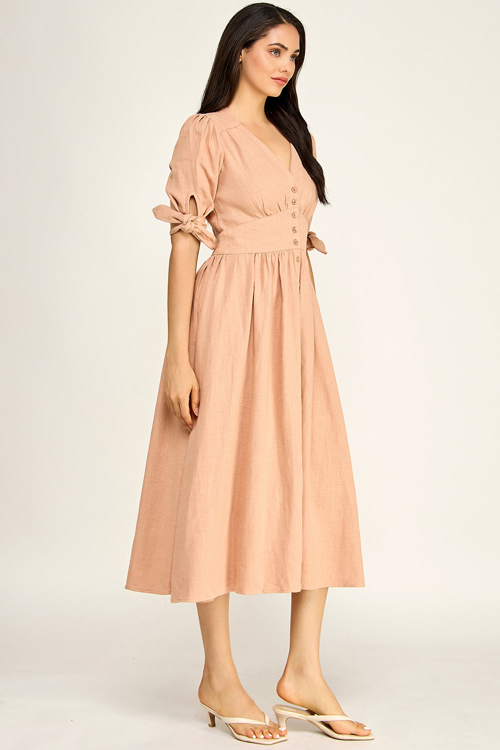 Linen Puff Sleeve Maxi Dress | Button Front V-Neck Tie Cuff