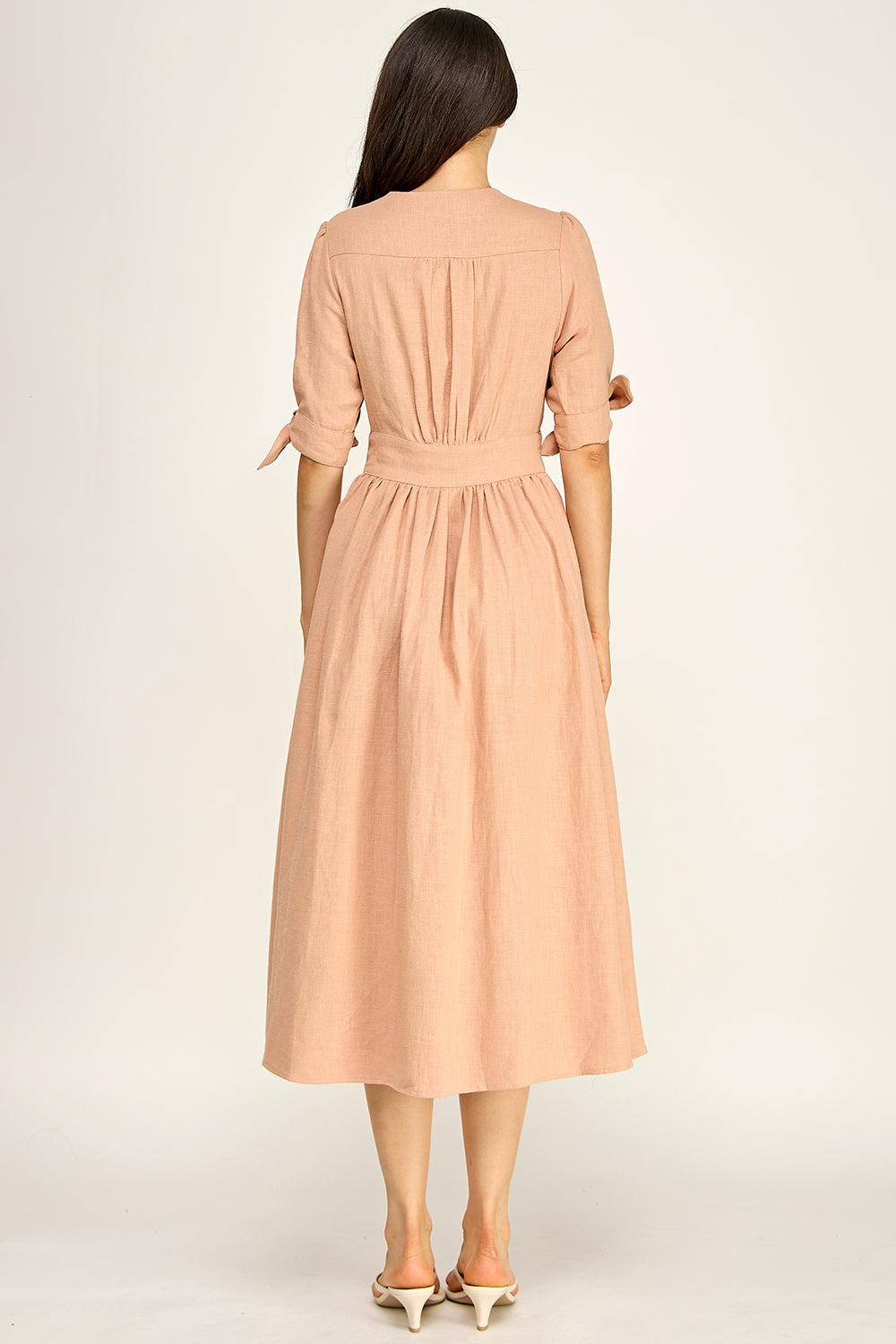 Linen Puff Sleeve Maxi Dress | Button Front V-Neck Tie Cuff