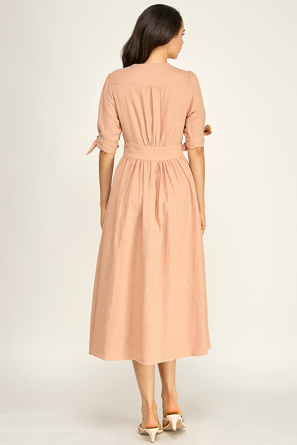 Linen Puff Sleeve Maxi Dress | Button Front V-Neck Tie Cuff