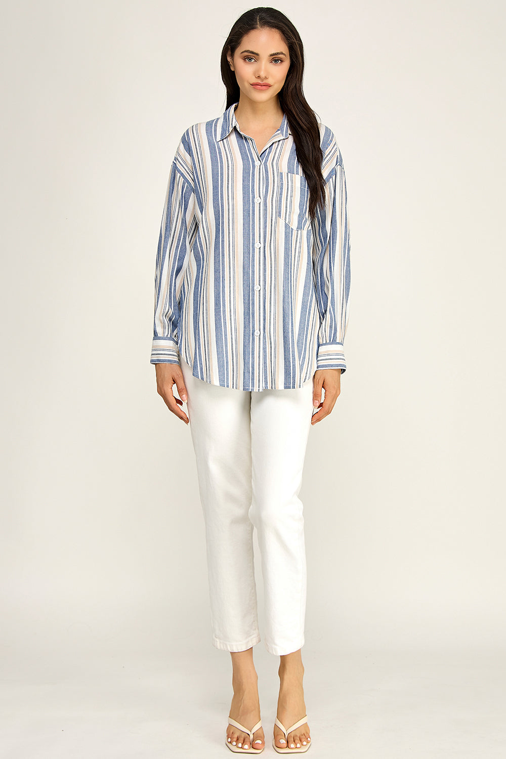 Stripe Linen Blend Button Up Shirt – Relaxed Summer Top for Women