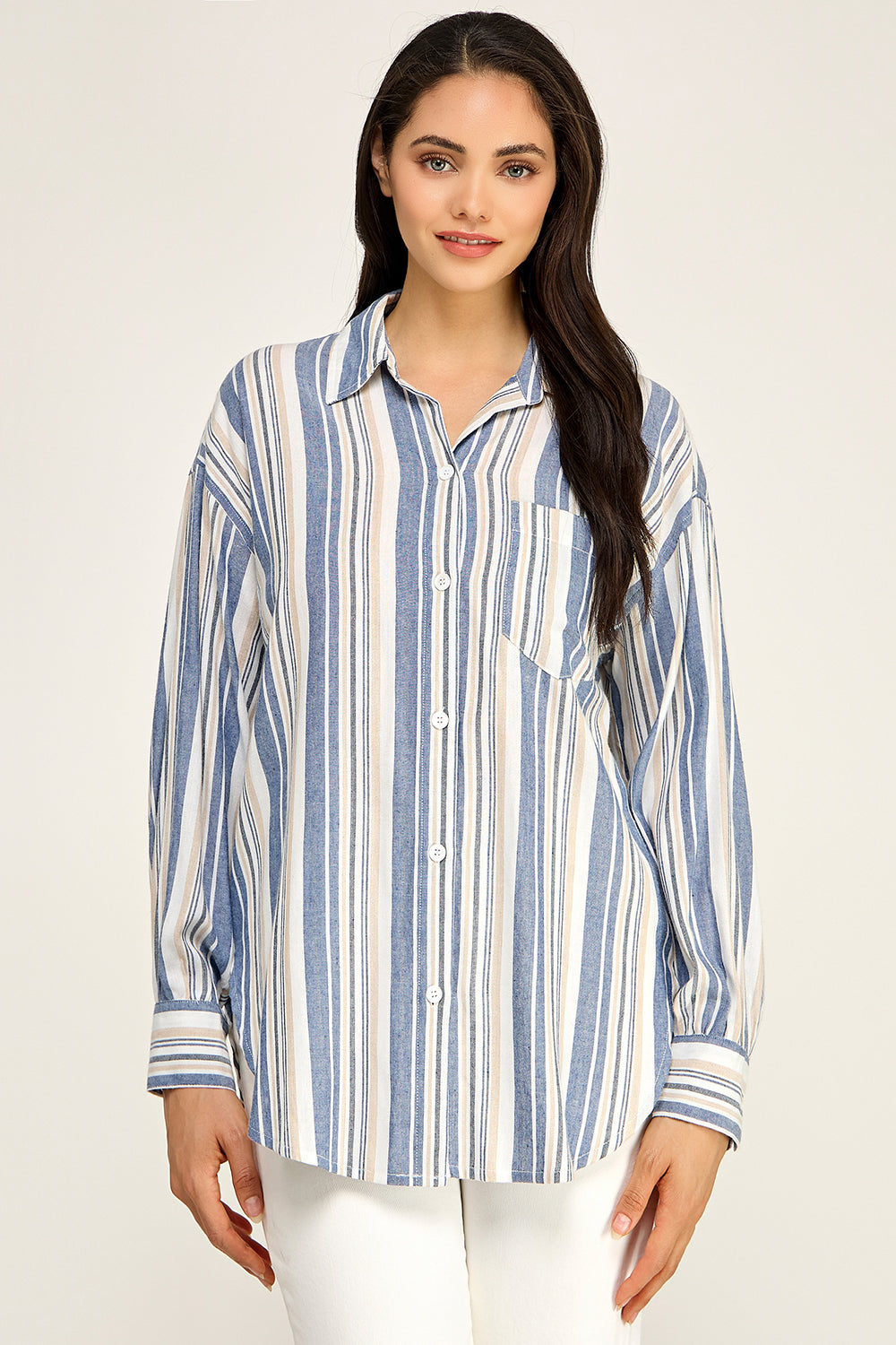 Stripe Linen Blend Button Up Shirt – Relaxed Summer Top for Women
