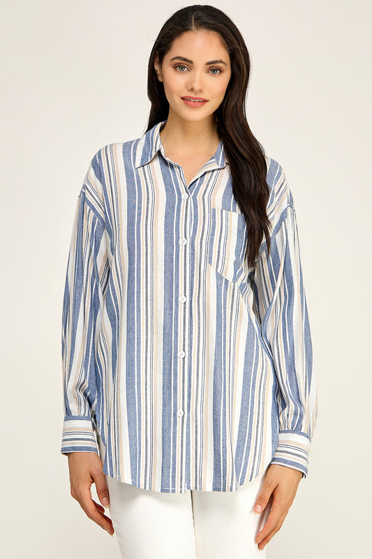 Stripe Linen Blend Button Up Shirt – Relaxed Summer Top for Women