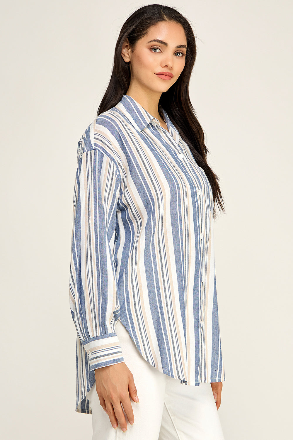 Stripe Linen Blend Button Up Shirt – Relaxed Summer Top for Women