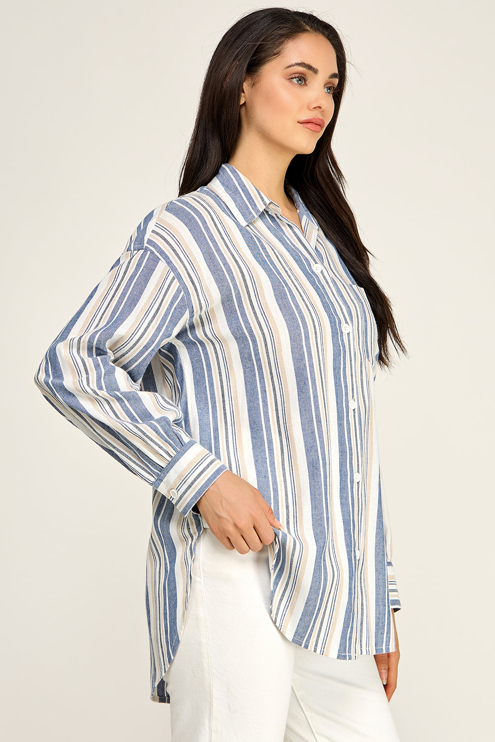 Stripe Linen Blend Button Up Shirt – Relaxed Summer Top for Women
