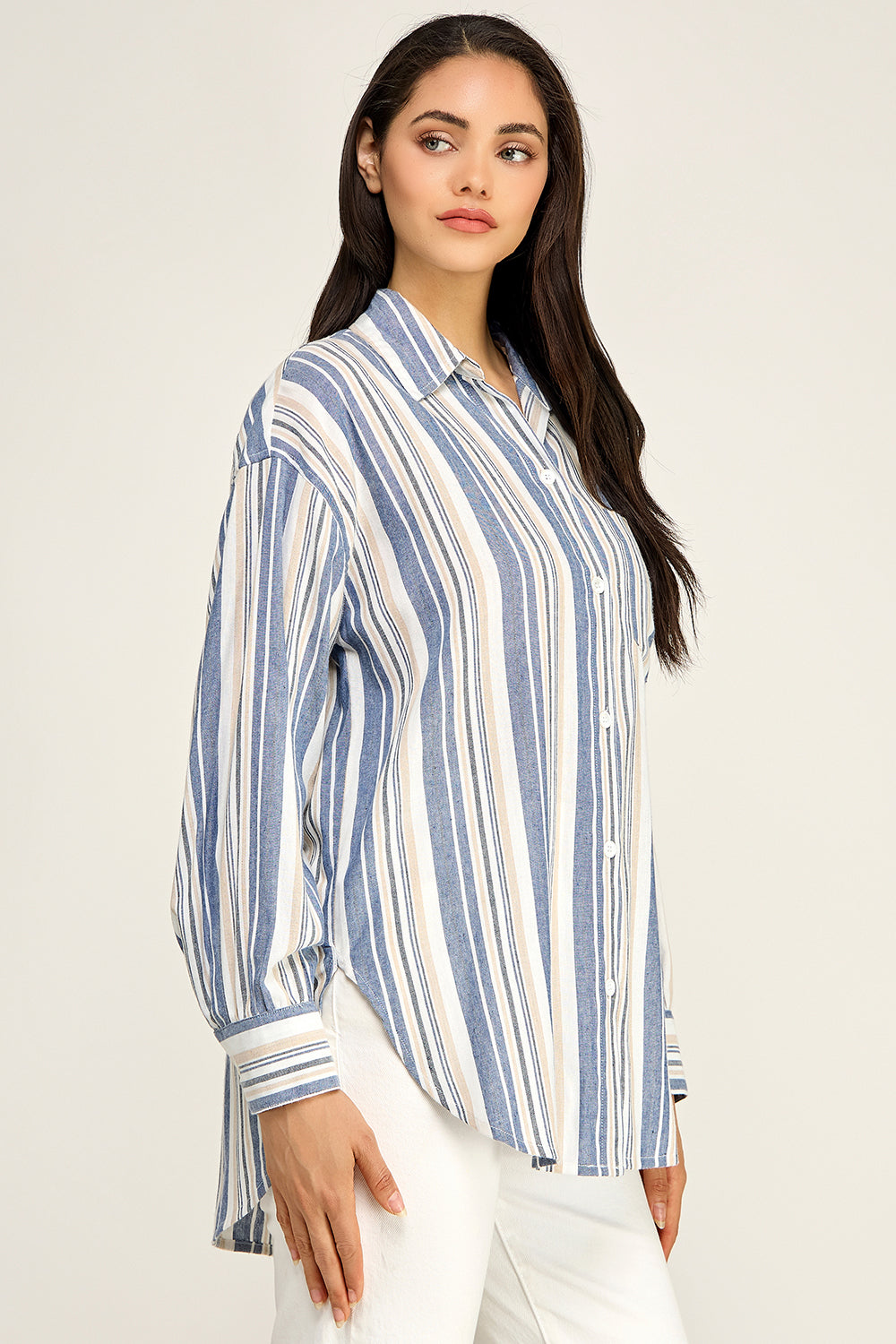 Stripe Linen Blend Button Up Shirt – Relaxed Summer Top for Women