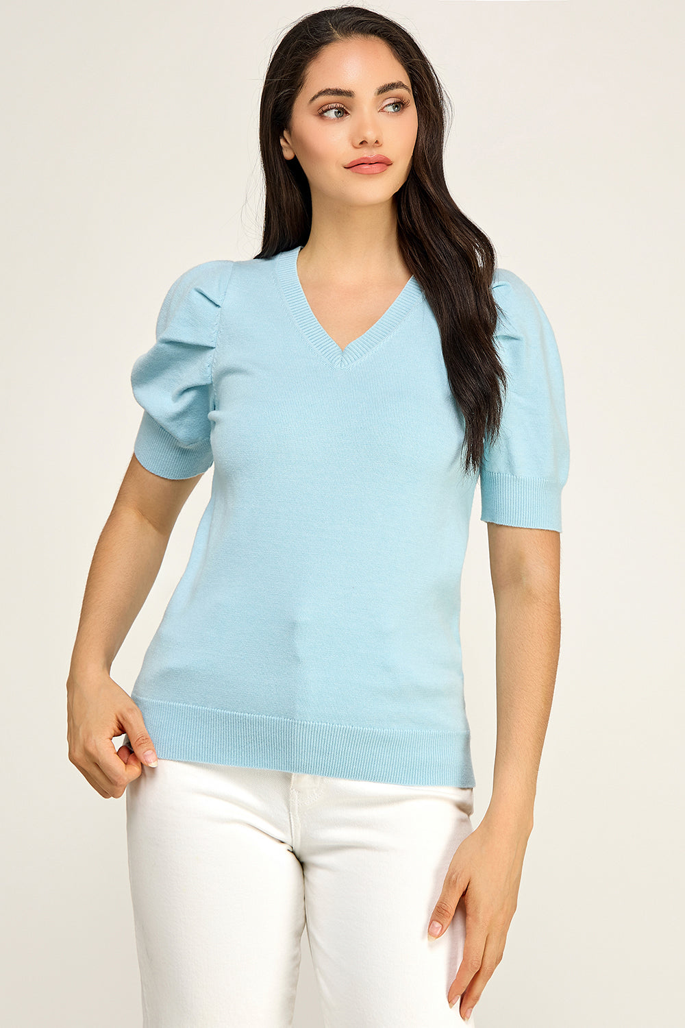 V Neck Puff Sleeve Knit Sweater Top | Lightweight Pullover Boutique