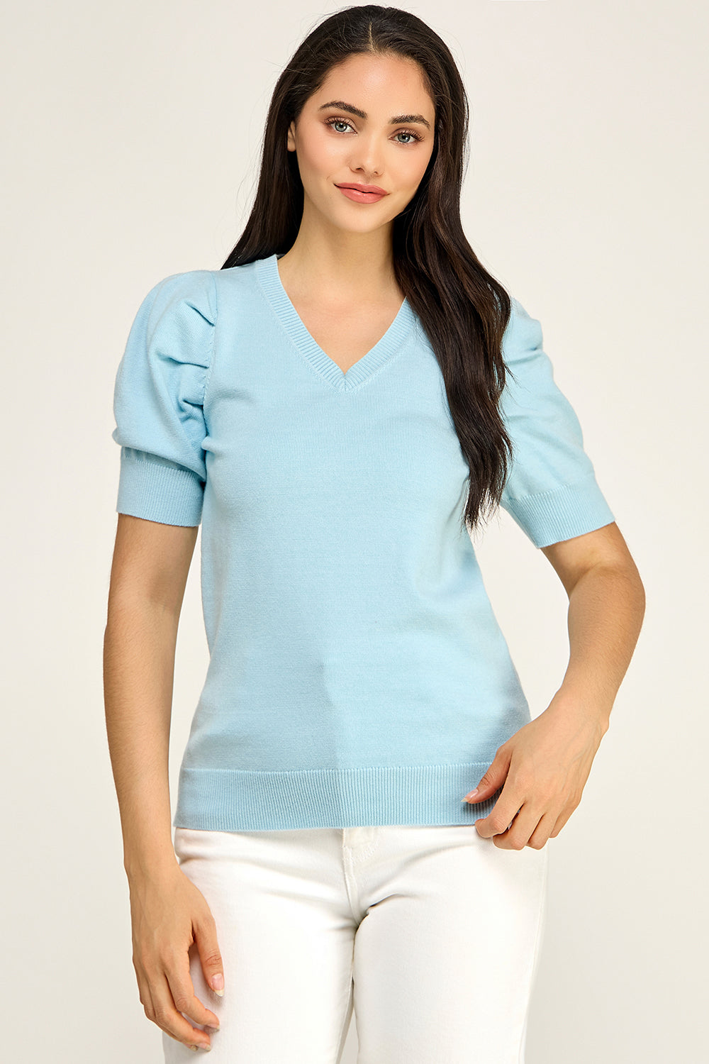 V Neck Puff Sleeve Knit Sweater Top | Lightweight Pullover Boutique