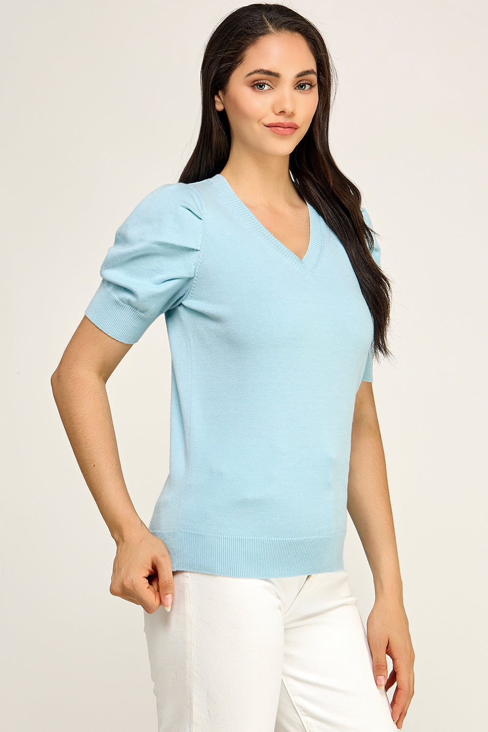 V Neck Puff Sleeve Knit Sweater Top | Lightweight Pullover Boutique