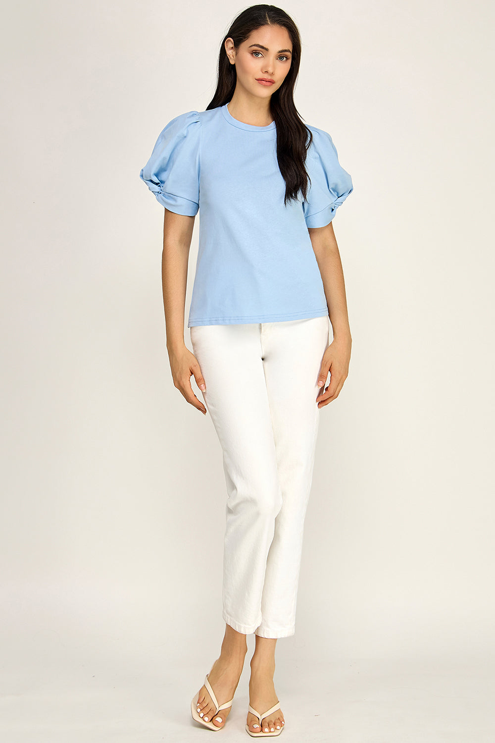 Puff Sleeve Cotton Knit Top | Fitted Round Neck Stretch Boutique Top