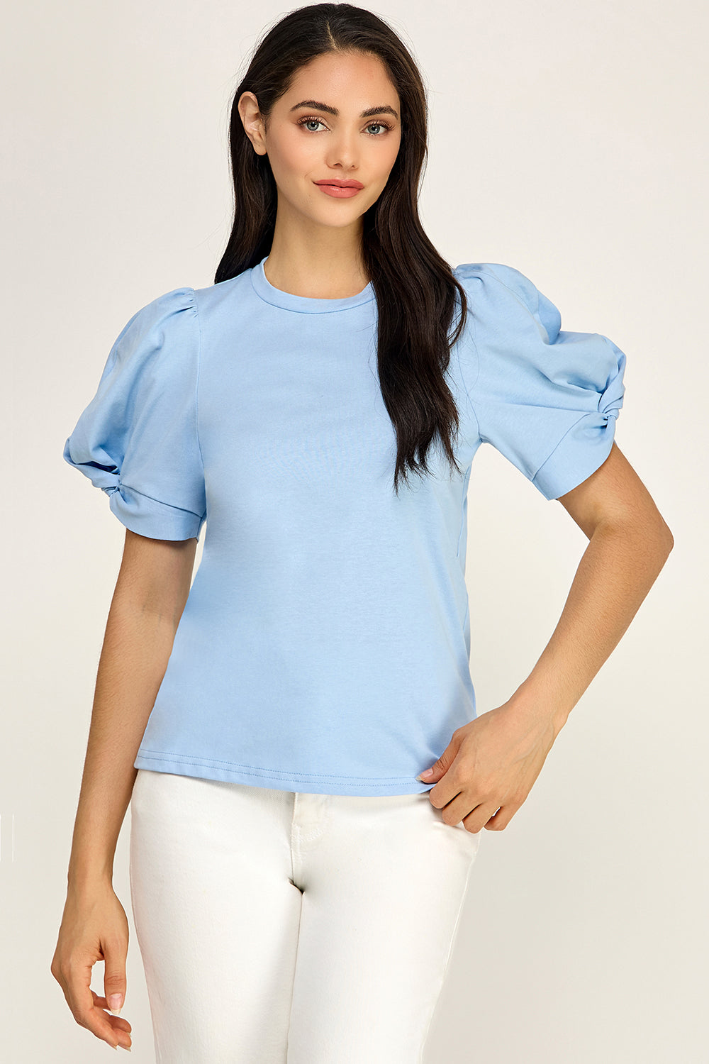 Puff Sleeve Cotton Knit Top | Fitted Round Neck Stretch Boutique Top