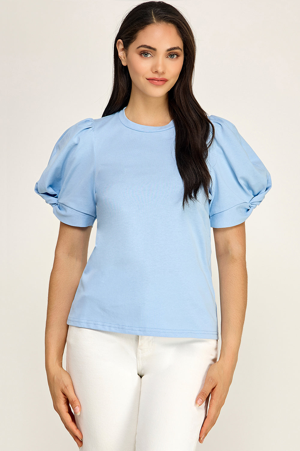 Puff Sleeve Cotton Knit Top | Fitted Round Neck Stretch Boutique Top