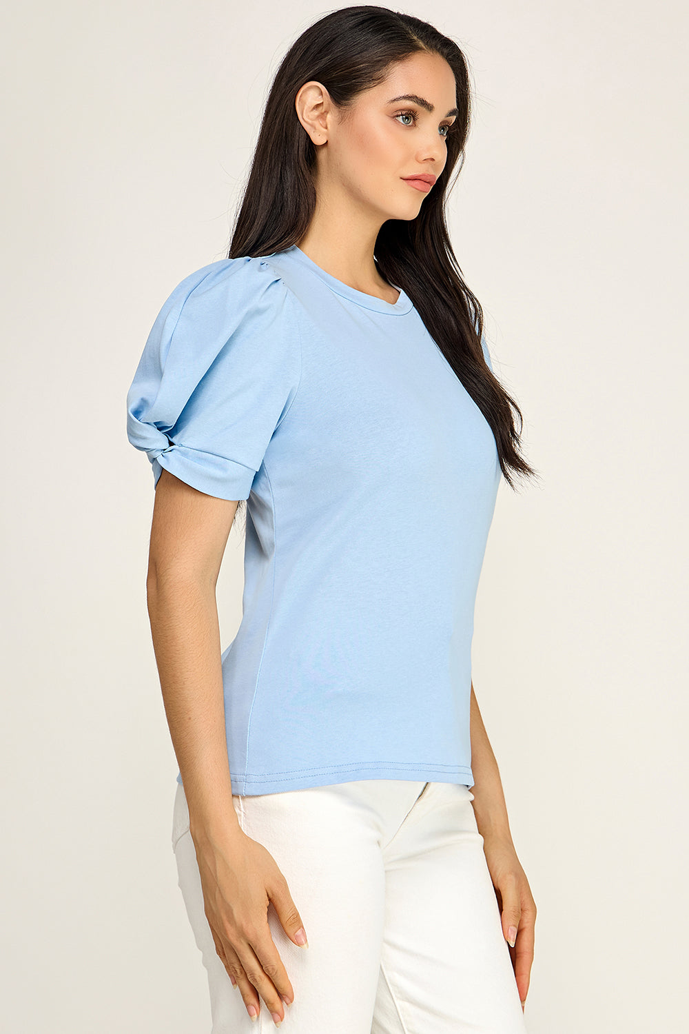 Puff Sleeve Cotton Knit Top | Fitted Round Neck Stretch Boutique Top