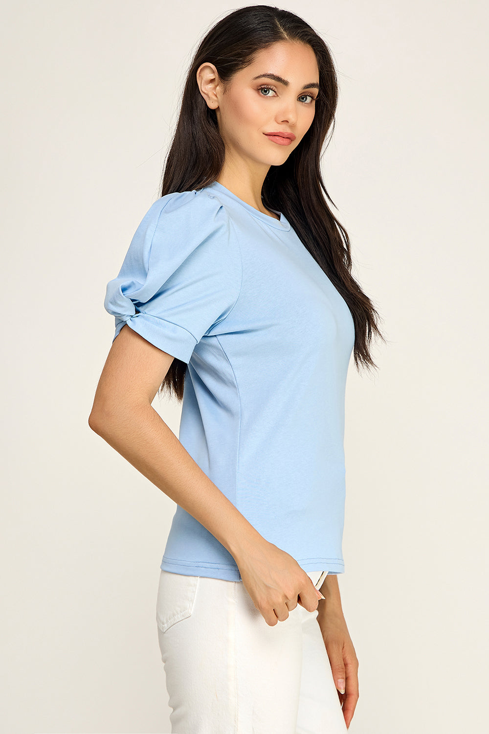 Puff Sleeve Cotton Knit Top | Fitted Round Neck Stretch Boutique Top