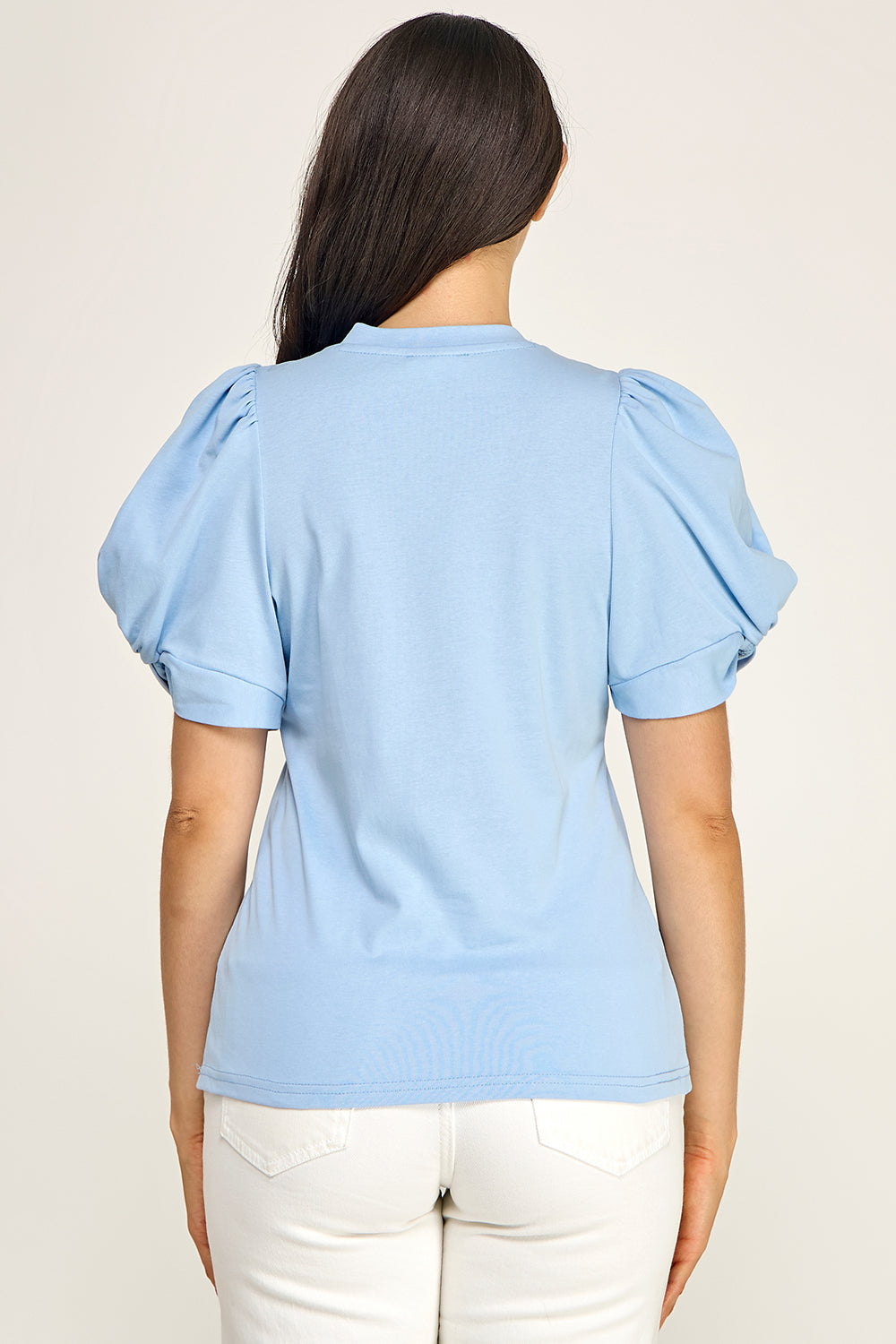 Puff Sleeve Cotton Knit Top | Fitted Round Neck Stretch Boutique Top