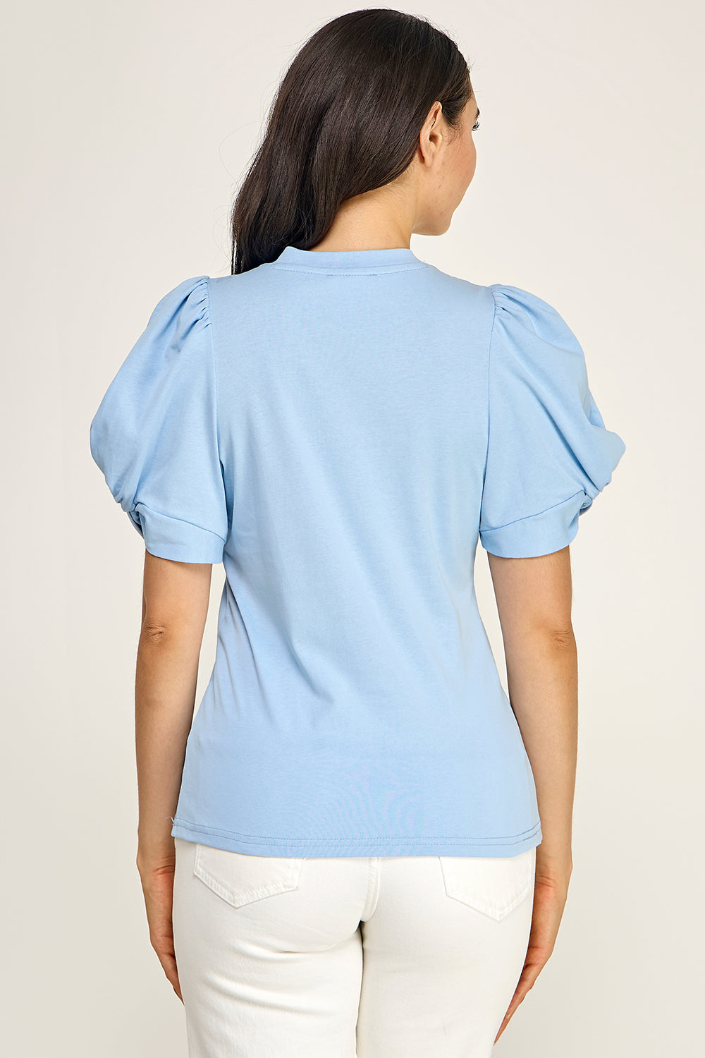 Puff Sleeve Cotton Knit Top | Fitted Round Neck Stretch Boutique Top