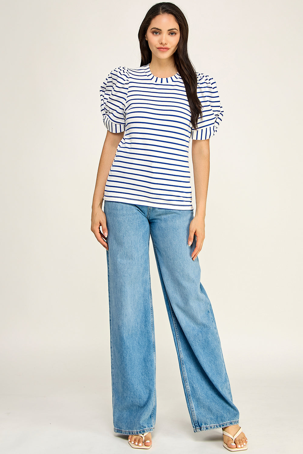 Navy Stripe Puff Sleeve Cotton Knit Top | Fitted Round Neck Women