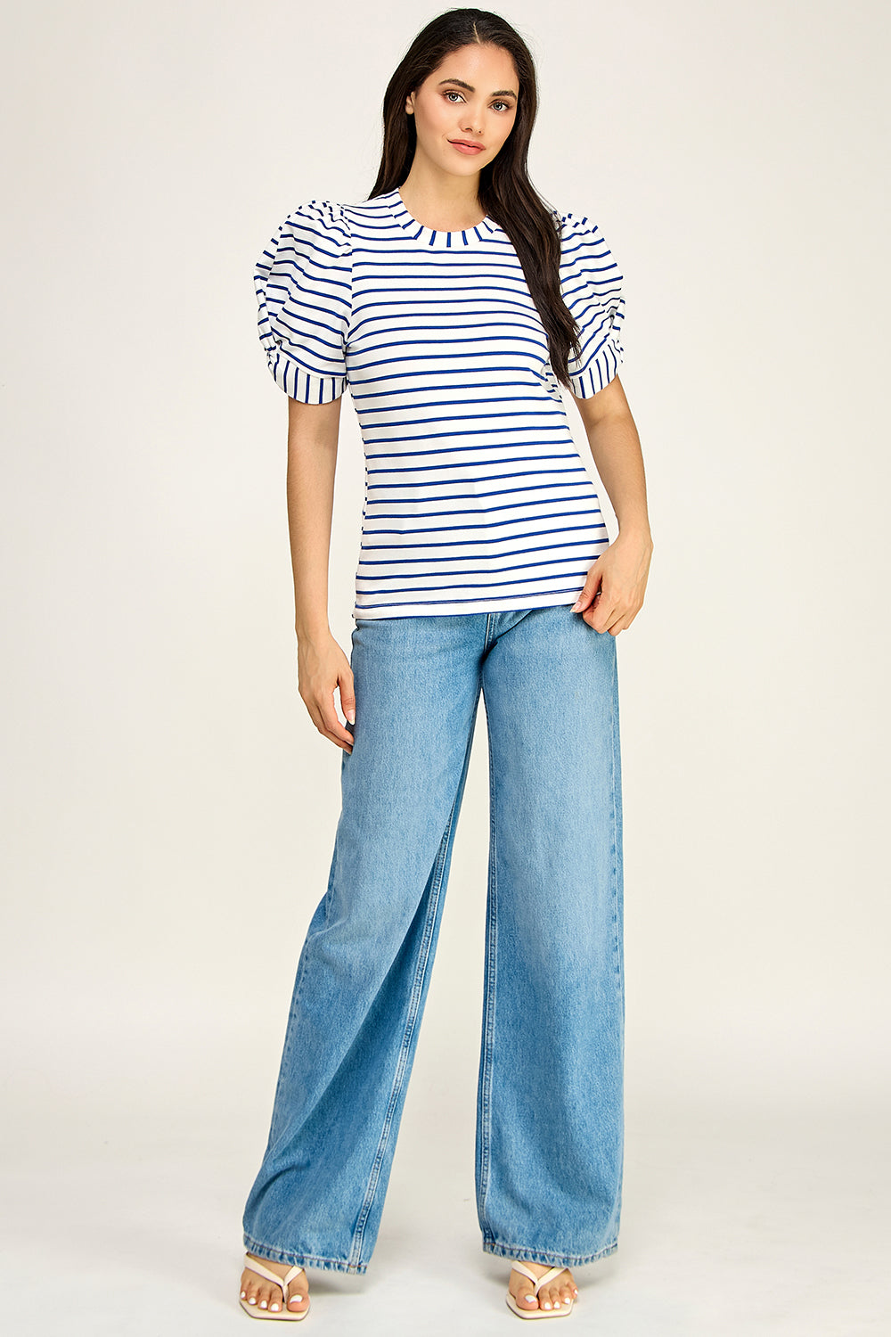 Navy Stripe Puff Sleeve Cotton Knit Top | Fitted Round Neck Women