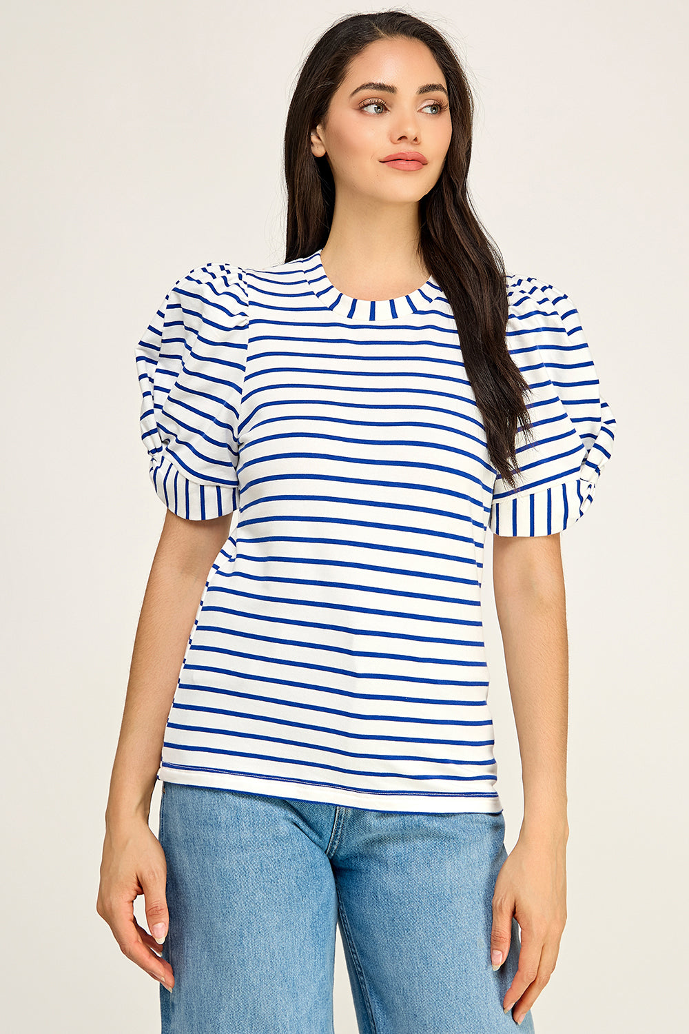 Navy Stripe Puff Sleeve Cotton Knit Top | Fitted Round Neck Women
