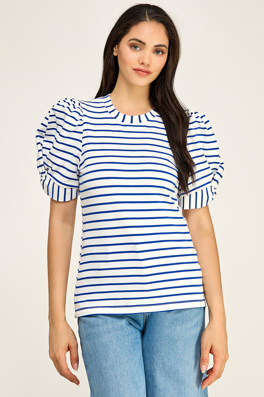 Navy Stripe Puff Sleeve Cotton Knit Top | Fitted Round Neck Women