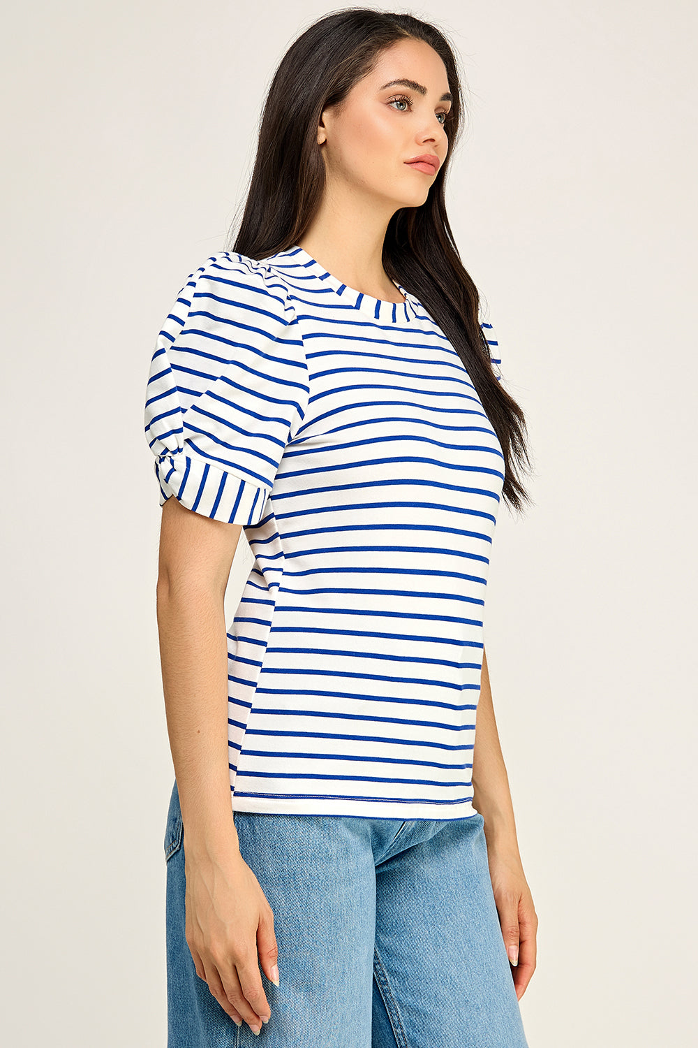 Navy Stripe Puff Sleeve Cotton Knit Top | Fitted Round Neck Women