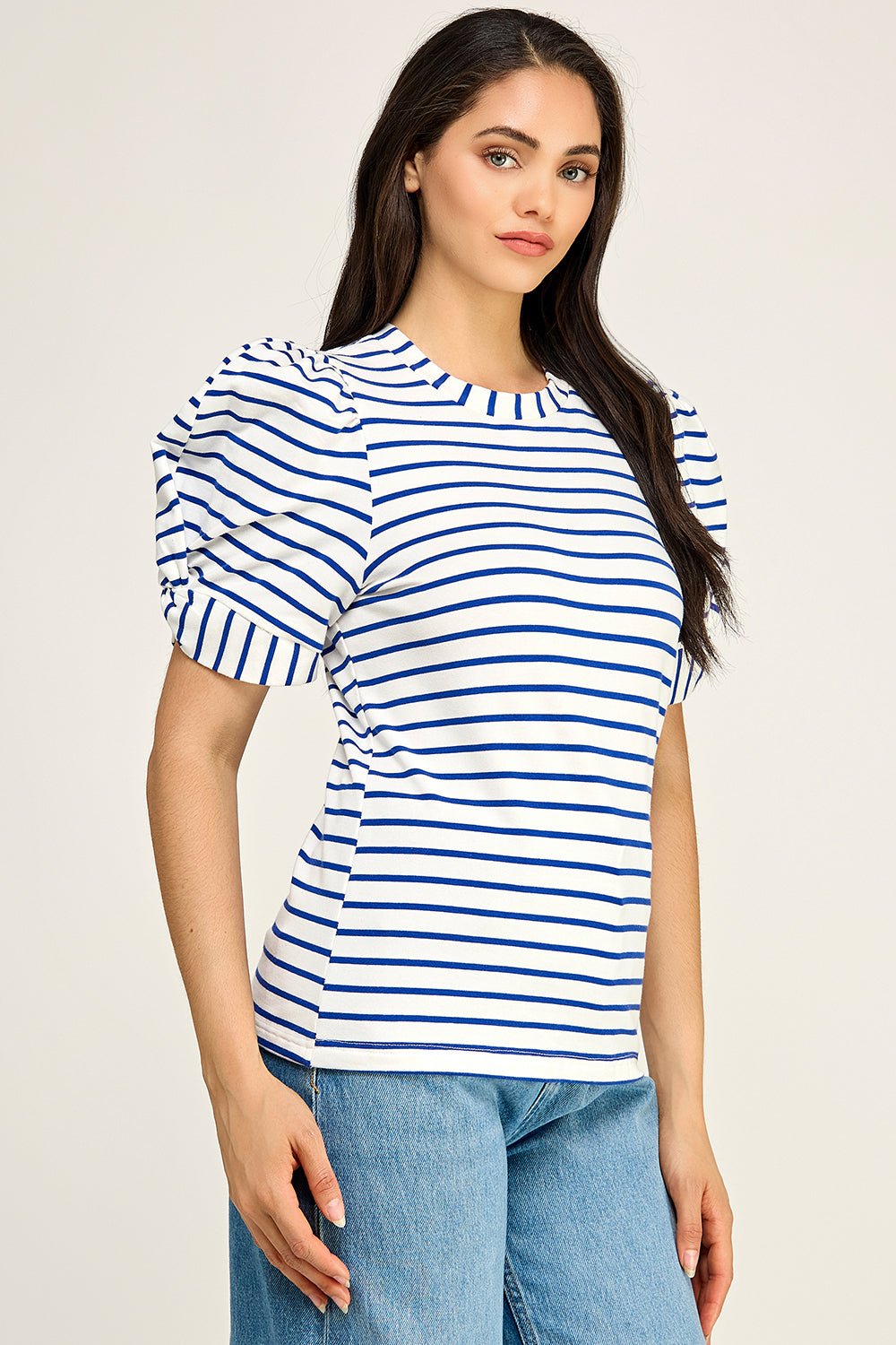 Navy Stripe Puff Sleeve Cotton Knit Top | Fitted Round Neck Women