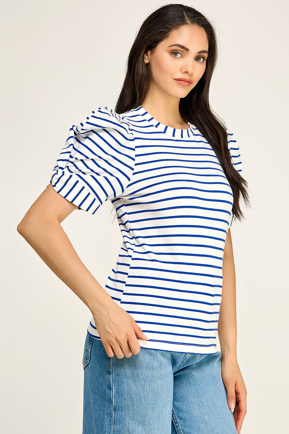 Navy Stripe Puff Sleeve Cotton Knit Top | Fitted Round Neck Women