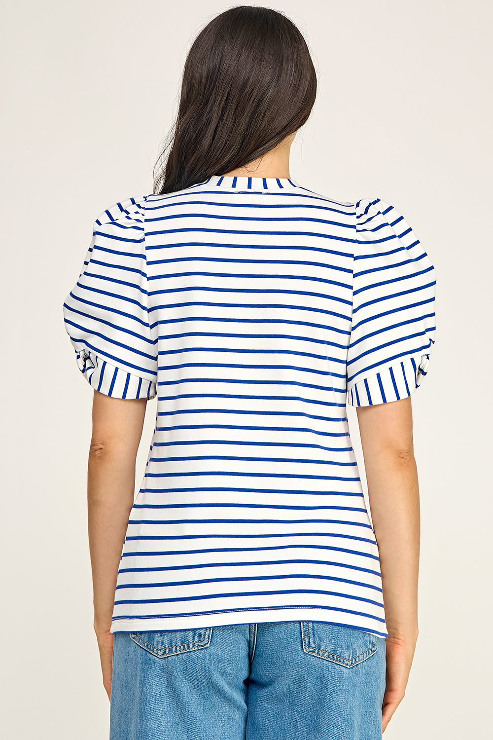 Navy Stripe Puff Sleeve Cotton Knit Top | Fitted Round Neck Women
