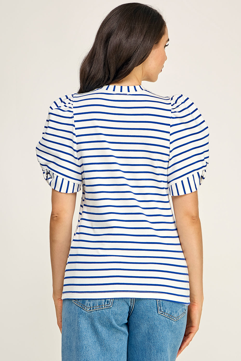 Navy Stripe Puff Sleeve Cotton Knit Top | Fitted Round Neck Women