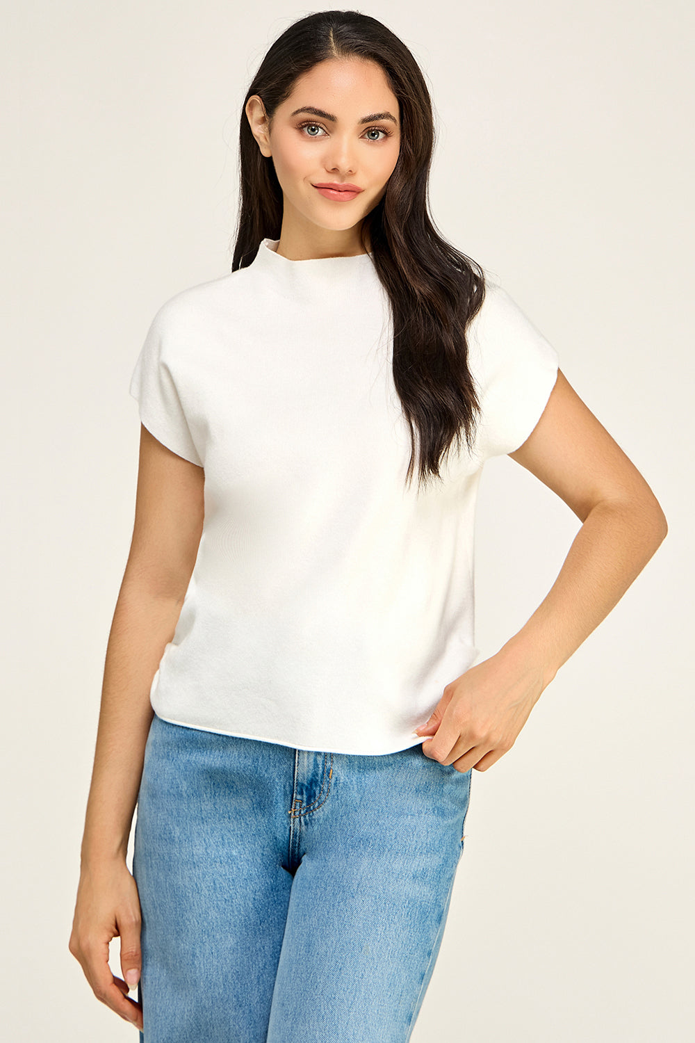 Mock Neck Cap Sleeve Knit Top | Viscose Blend Minimalist Boutique Top