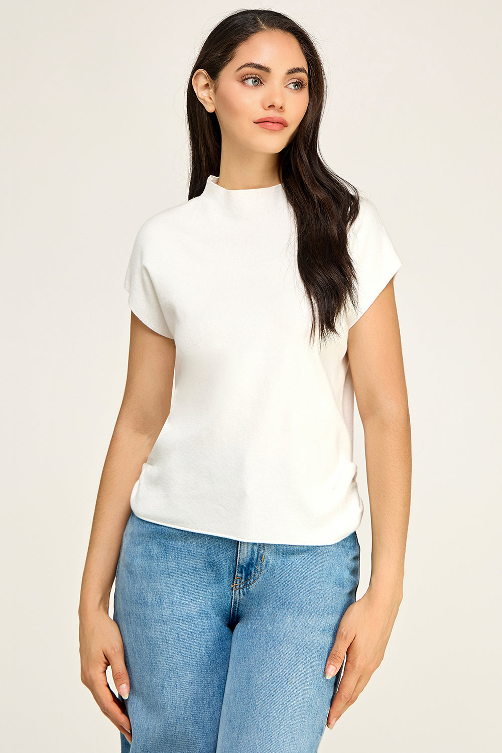Mock Neck Cap Sleeve Knit Top | Viscose Blend Minimalist Boutique Top