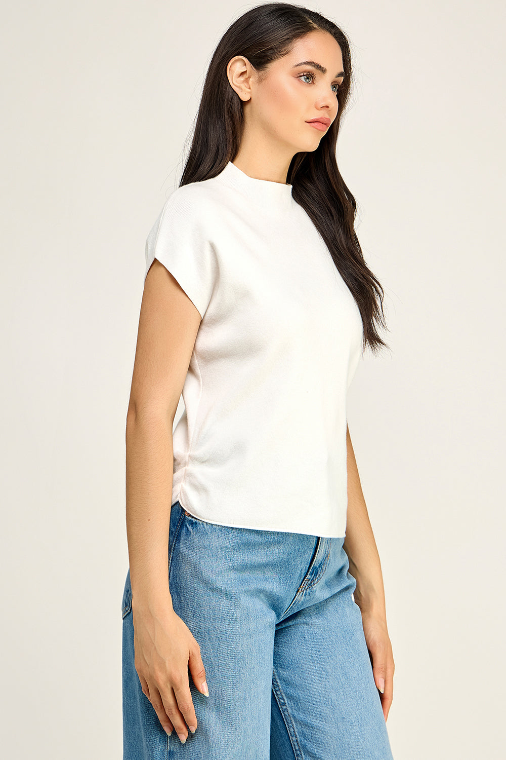 Mock Neck Cap Sleeve Knit Top | Viscose Blend Minimalist Boutique Top