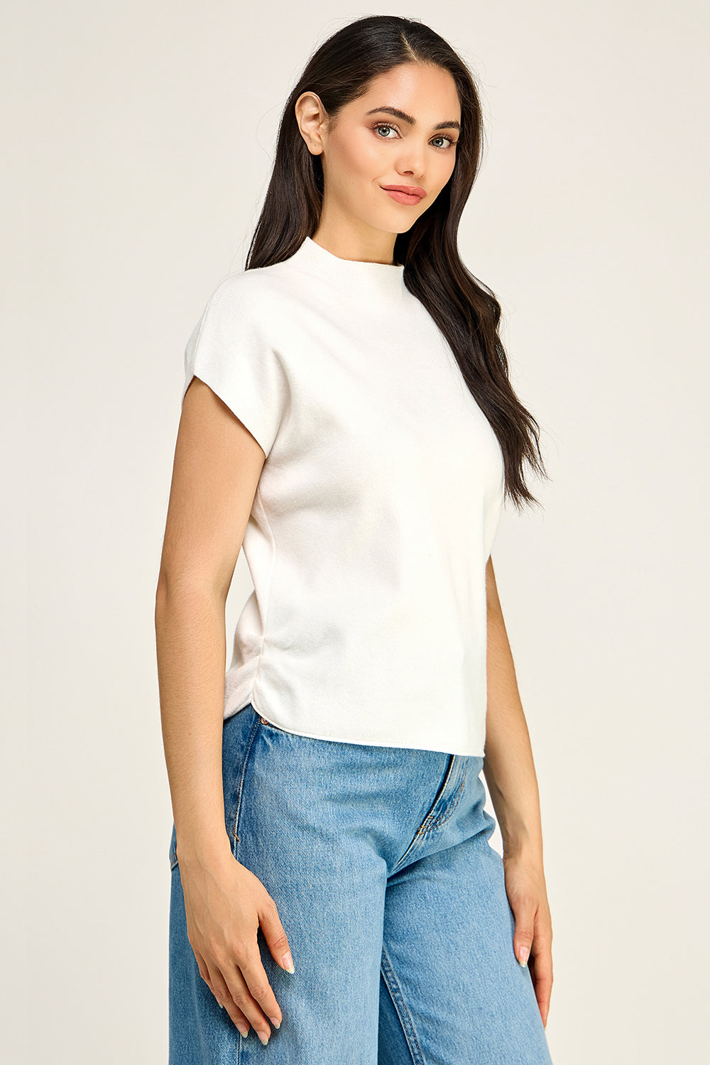 Mock Neck Cap Sleeve Knit Top | Viscose Blend Minimalist Boutique Top