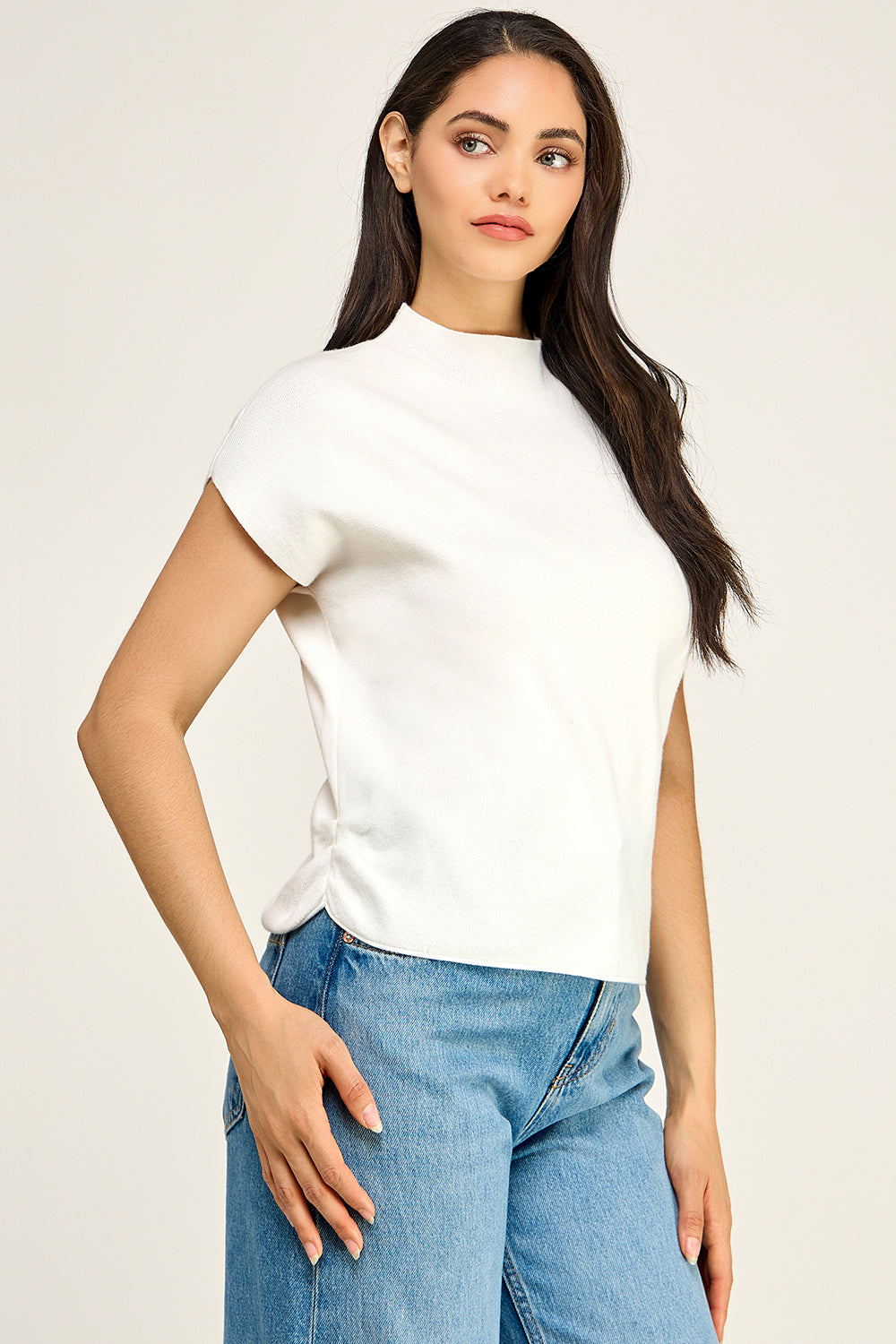 Mock Neck Cap Sleeve Knit Top | Viscose Blend Minimalist Boutique Top