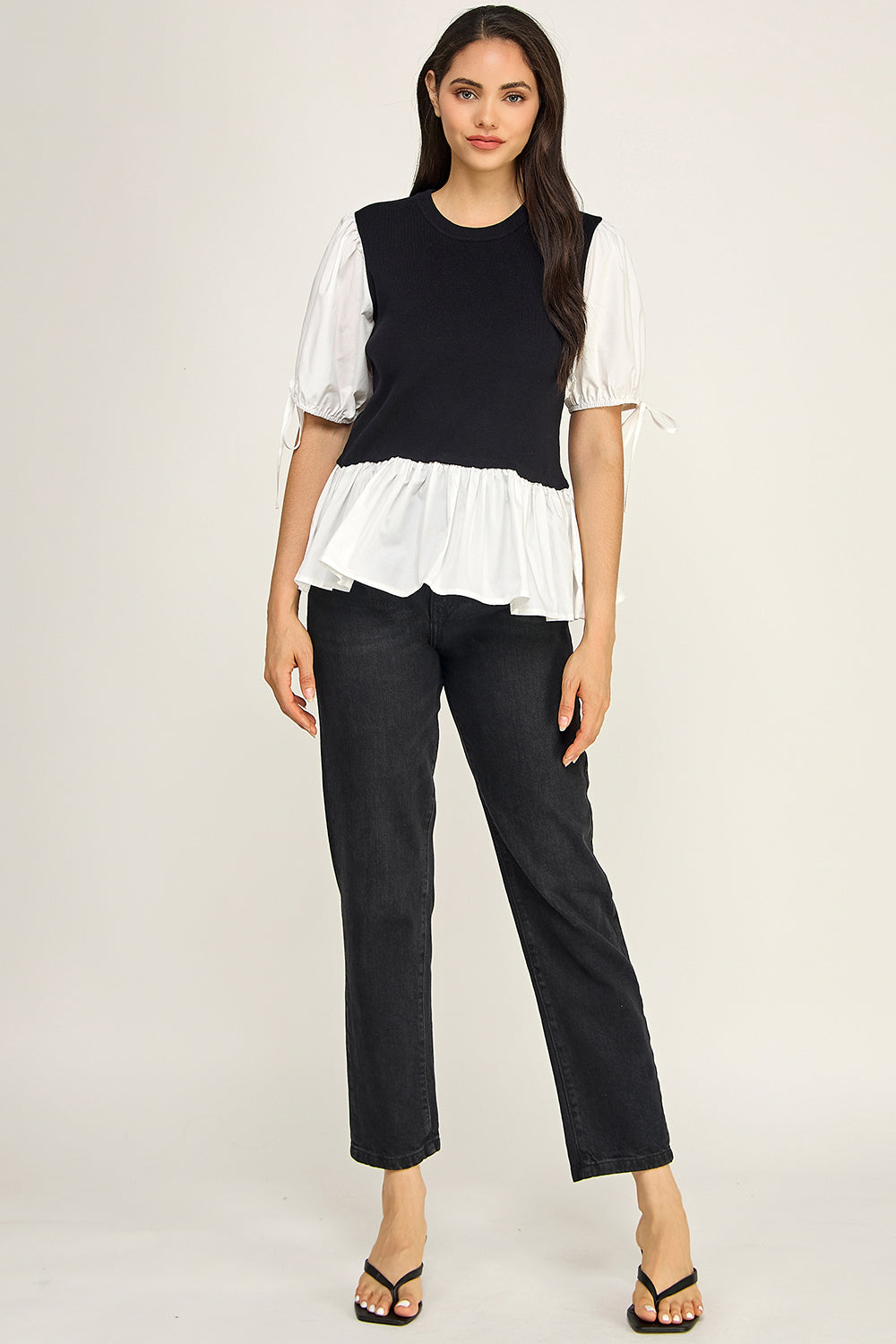 Contrast Puff Sleeve Peplum Knit Top – Two-Piece Look for Women
