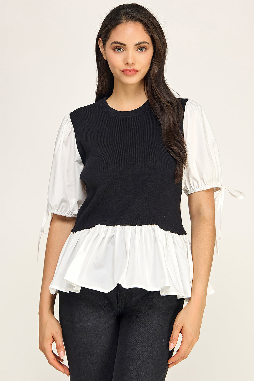 Contrast Puff Sleeve Peplum Knit Top – Two-Piece Look for Women
