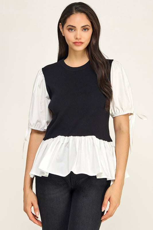 Contrast Puff Sleeve Peplum Knit Top – Two-Piece Look for Women
