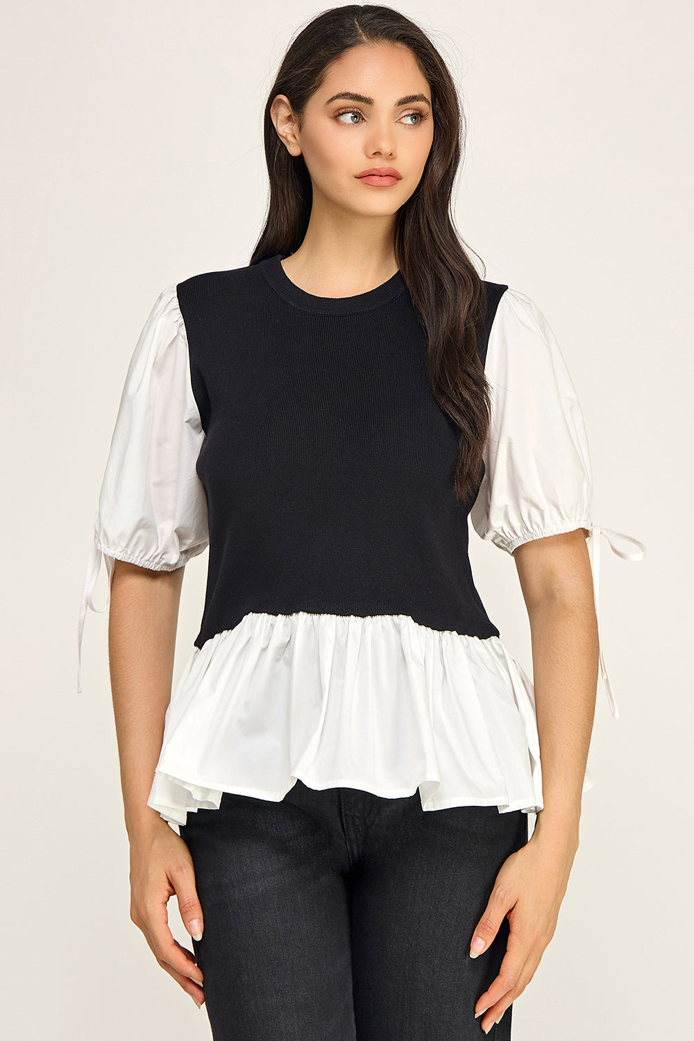 Contrast Puff Sleeve Peplum Knit Top – Two-Piece Look for Women