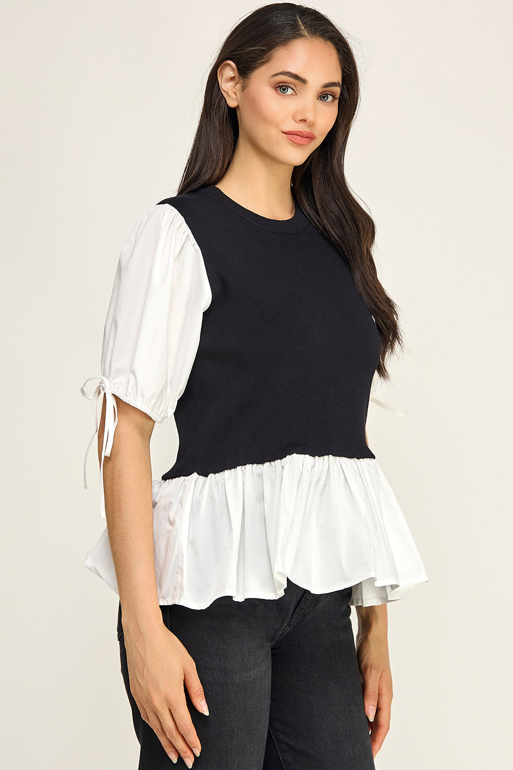 Contrast Puff Sleeve Peplum Knit Top – Two-Piece Look for Women