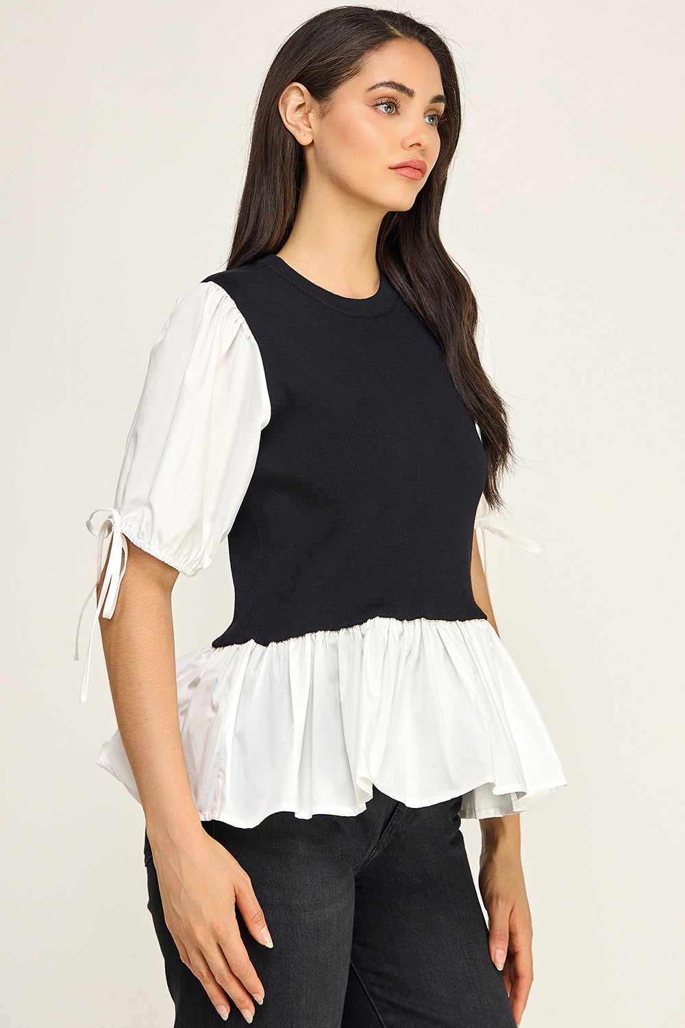 Contrast Puff Sleeve Peplum Knit Top – Two-Piece Look for Women