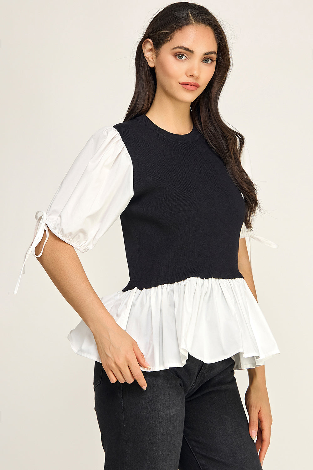 Contrast Puff Sleeve Peplum Knit Top – Two-Piece Look for Women