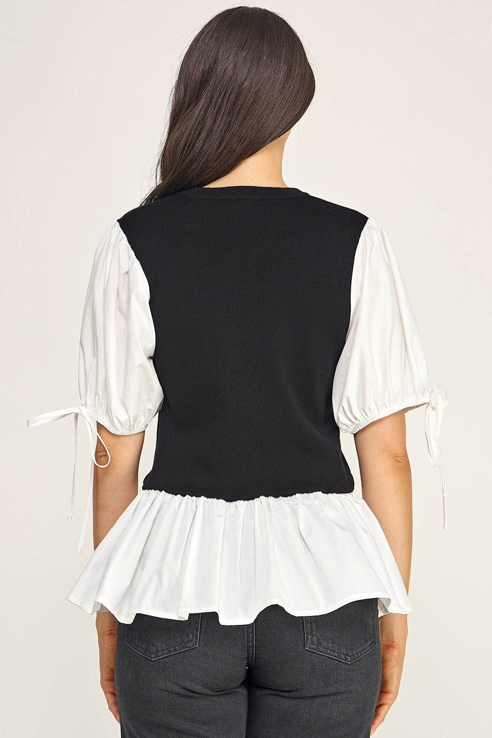 Contrast Puff Sleeve Peplum Knit Top – Two-Piece Look for Women