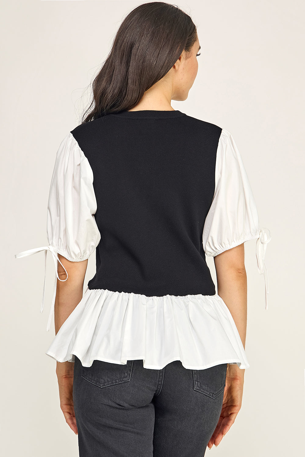 Contrast Puff Sleeve Peplum Knit Top – Two-Piece Look for Women