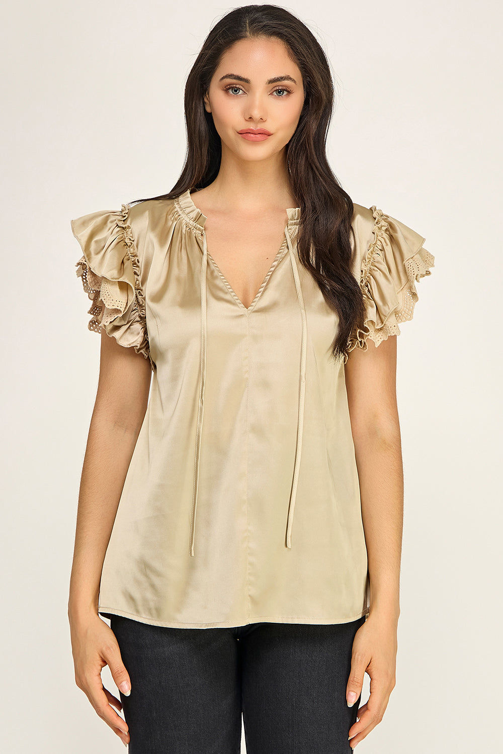 Satin Ruffle Sleeve Blouse | Lace Trim Tie Neck Women's Boutique Top