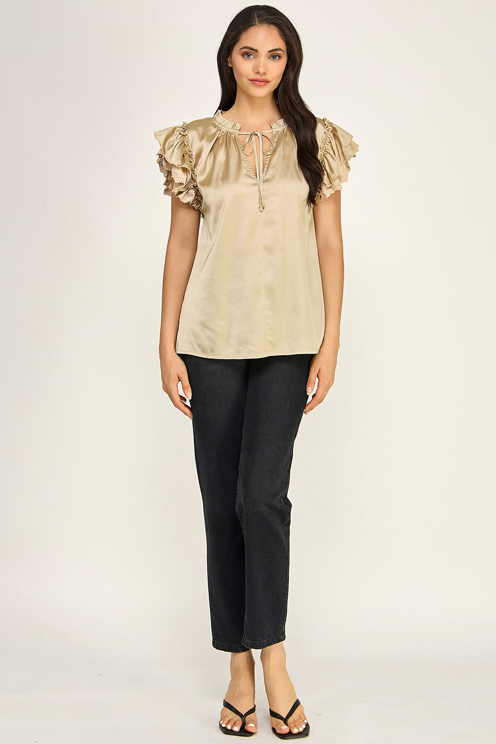 Satin Ruffle Sleeve Blouse | Lace Trim Tie Neck Women's Boutique Top