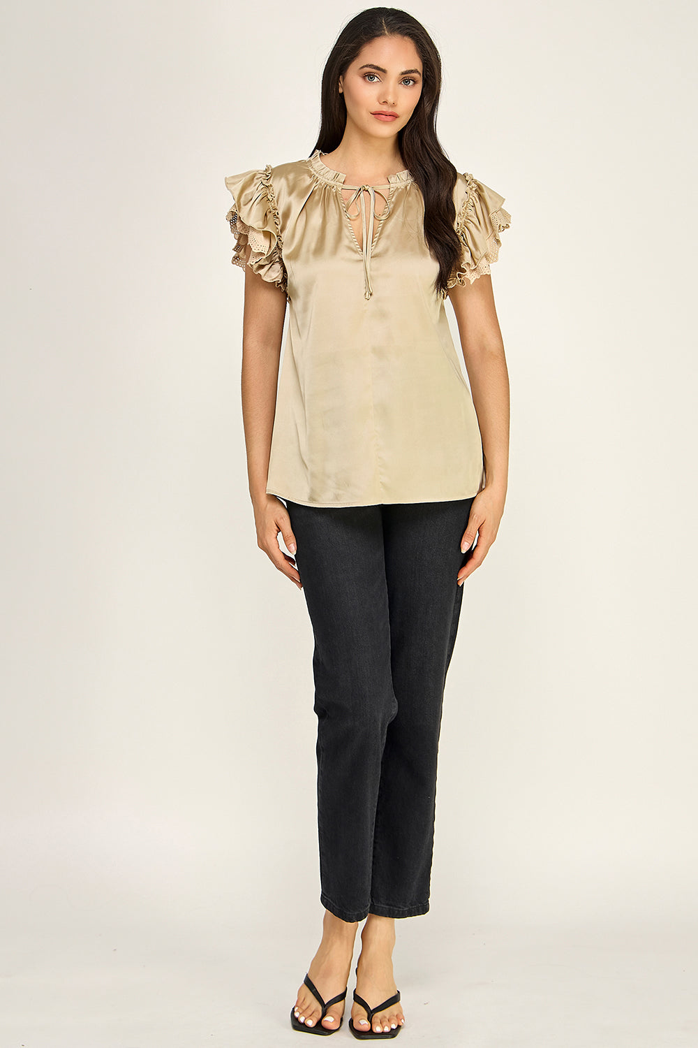 Satin Ruffle Sleeve Blouse | Lace Trim Tie Neck Women's Boutique Top