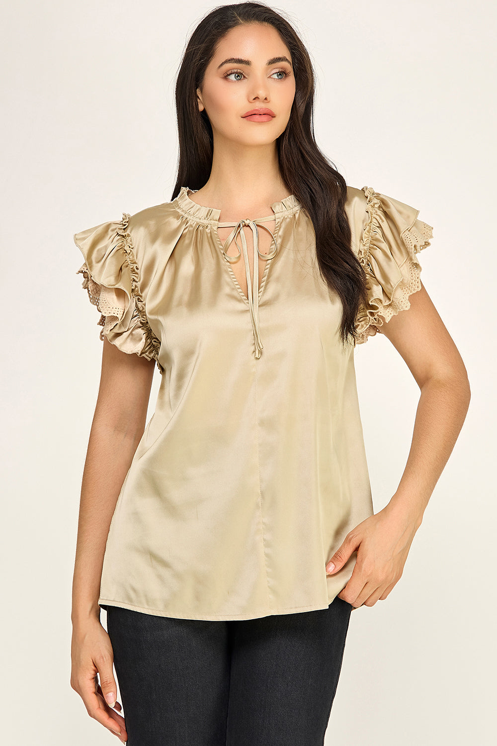 Satin Ruffle Sleeve Blouse | Lace Trim Tie Neck Women's Boutique Top