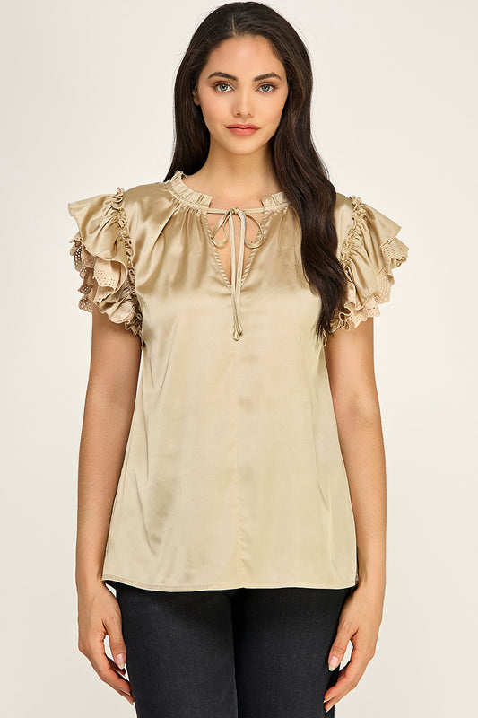 Satin Ruffle Sleeve Blouse | Lace Trim Tie Neck Women's Boutique Top