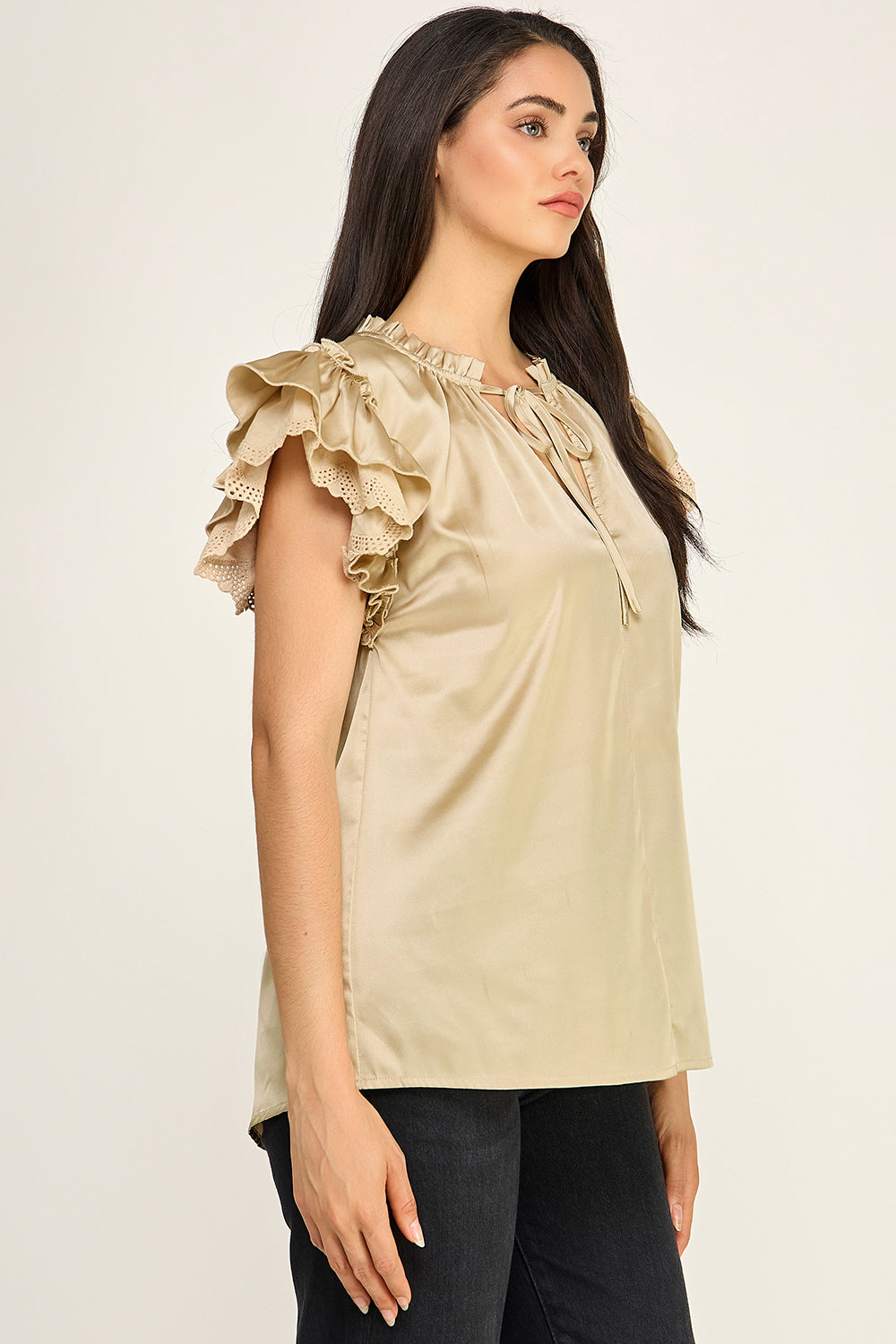 Satin Ruffle Sleeve Blouse | Lace Trim Tie Neck Women's Boutique Top