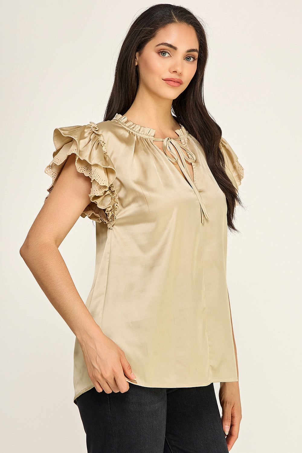 Satin Ruffle Sleeve Blouse | Lace Trim Tie Neck Women's Boutique Top